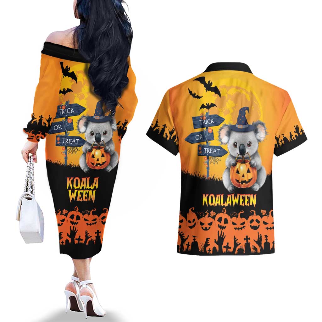 Happy Koalaween Couples Matching Off The Shoulder Long Sleeve Dress and Hawaiian Shirt Koala Ghost Trick or Treat