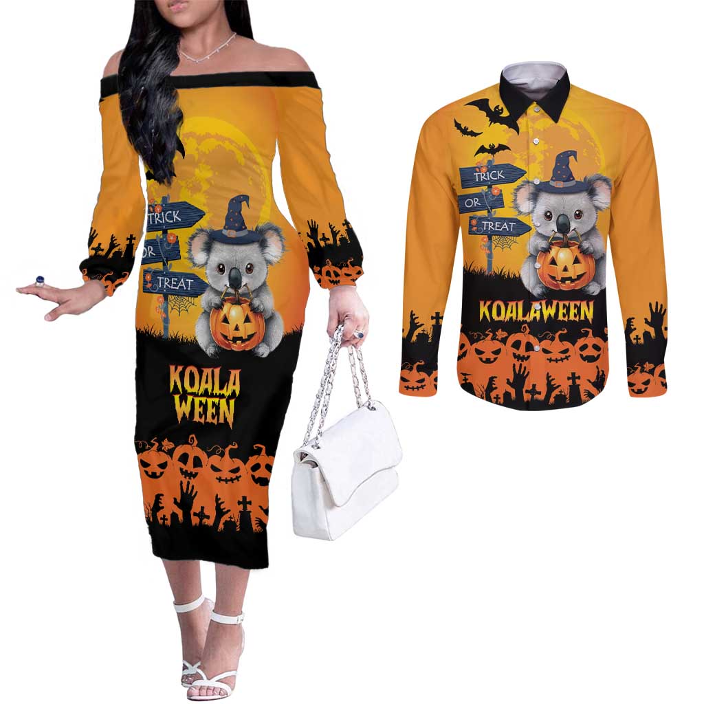 Happy Koalaween Couples Matching Off The Shoulder Long Sleeve Dress and Long Sleeve Button Shirt Koala Ghost Trick or Treat