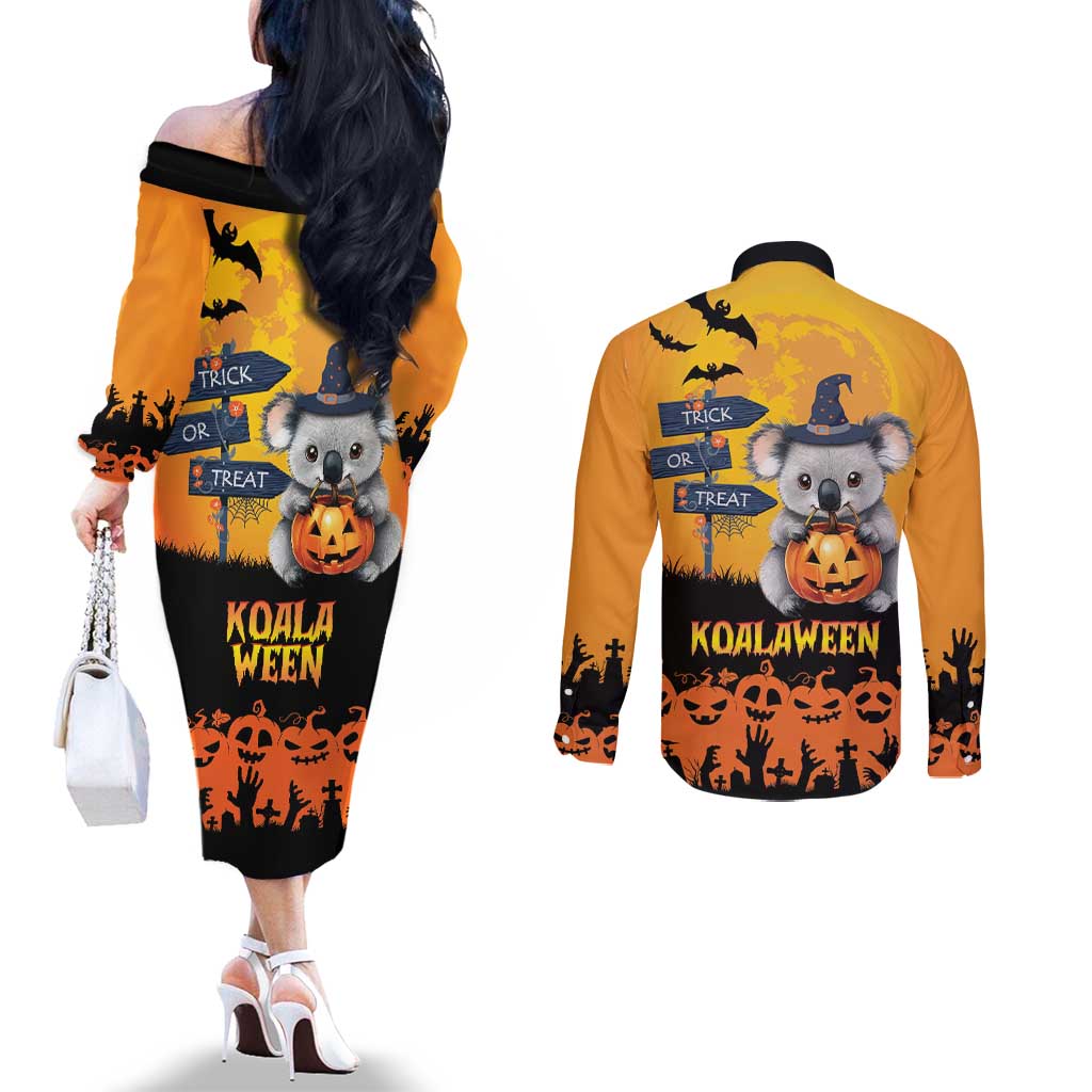 Happy Koalaween Couples Matching Off The Shoulder Long Sleeve Dress and Long Sleeve Button Shirt Koala Ghost Trick or Treat