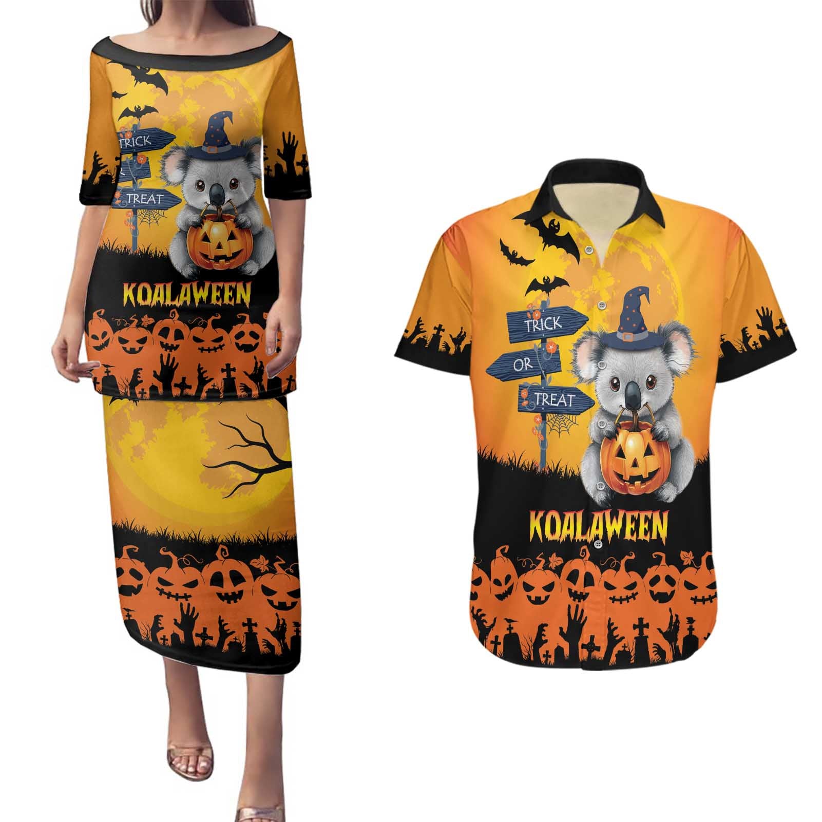 Happy Koalaween Couples Matching Puletasi and Hawaiian Shirt Koala Ghost Trick or Treat