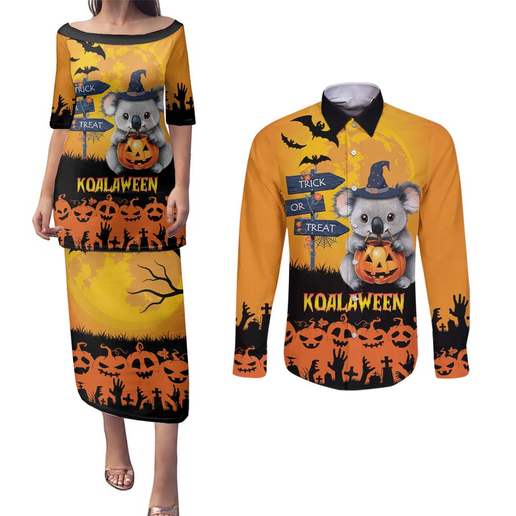 Happy Koalaween Couples Matching Puletasi and Long Sleeve Button Shirt Koala Ghost Trick or Treat