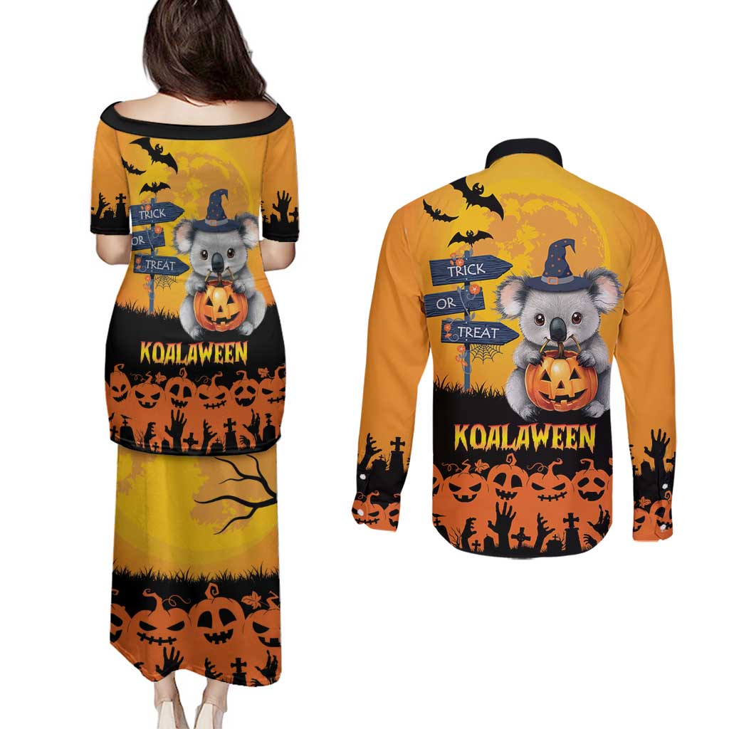 Happy Koalaween Couples Matching Puletasi and Long Sleeve Button Shirt Koala Ghost Trick or Treat