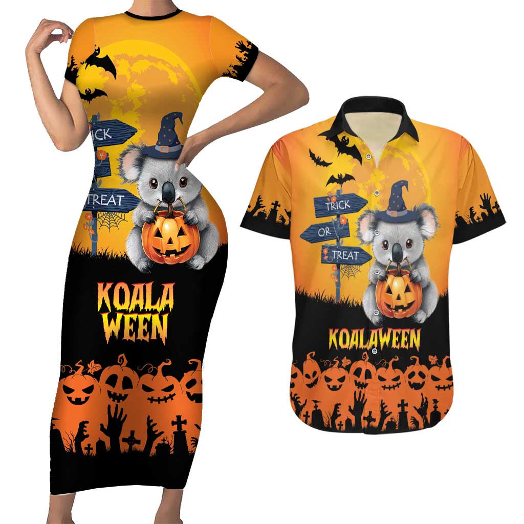 Happy Koalaween Couples Matching Short Sleeve Bodycon Dress and Hawaiian Shirt Koala Ghost Trick or Treat