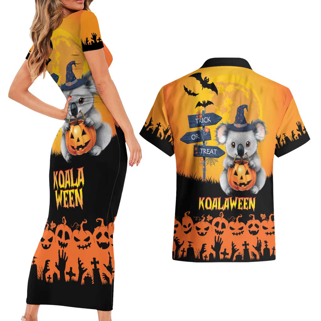 Happy Koalaween Couples Matching Short Sleeve Bodycon Dress and Hawaiian Shirt Koala Ghost Trick or Treat