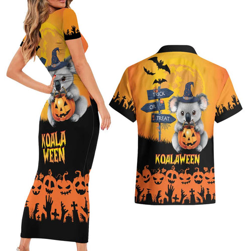 Happy Koalaween Couples Matching Short Sleeve Bodycon Dress and Hawaiian Shirt Koala Ghost Trick or Treat