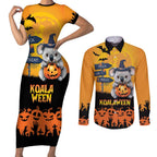 Happy Koalaween Couples Matching Short Sleeve Bodycon Dress and Long Sleeve Button Shirt Koala Ghost Trick or Treat