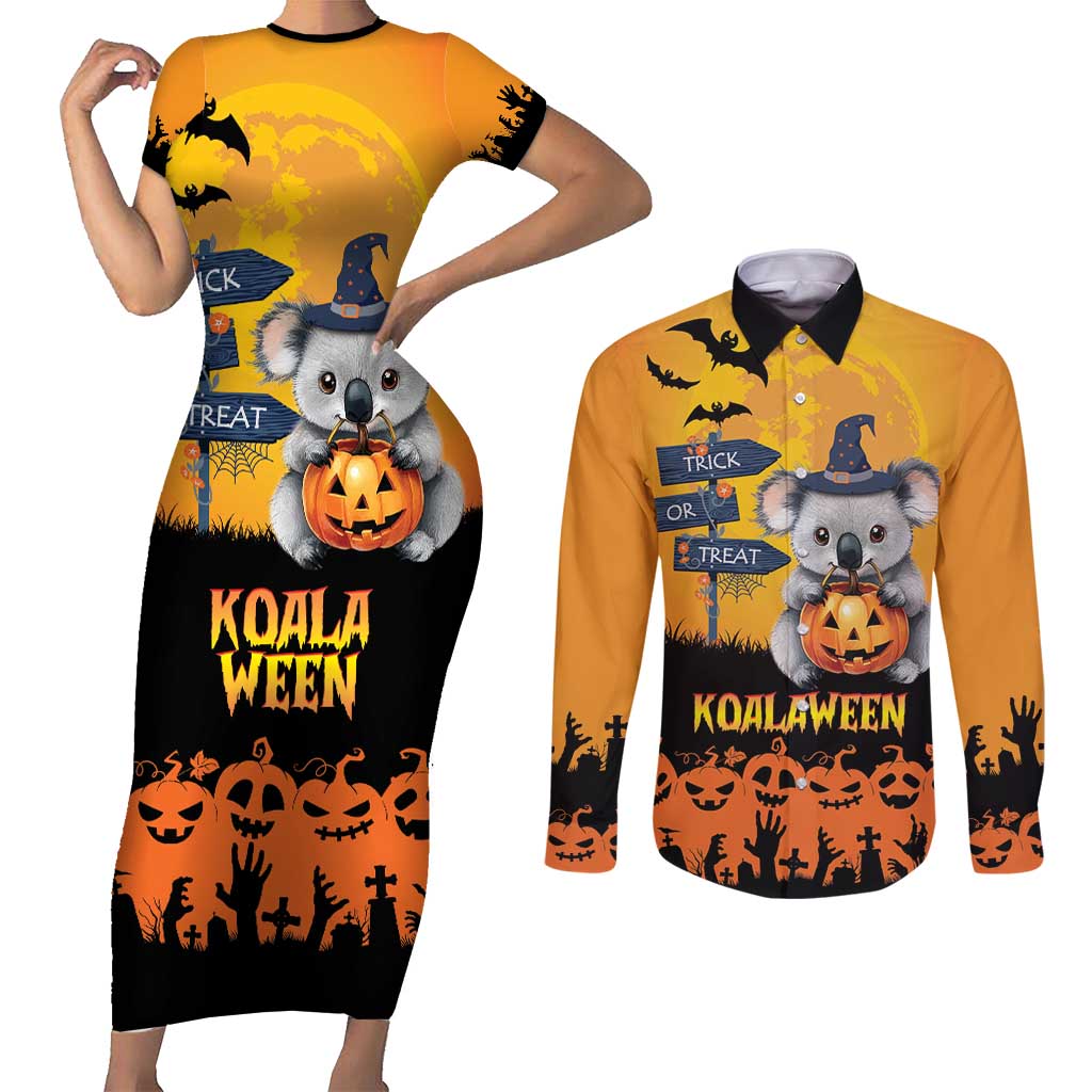 Happy Koalaween Couples Matching Short Sleeve Bodycon Dress and Long Sleeve Button Shirt Koala Ghost Trick or Treat