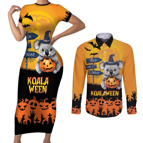 Happy Koalaween Couples Matching Short Sleeve Bodycon Dress and Long Sleeve Button Shirt Koala Ghost Trick or Treat