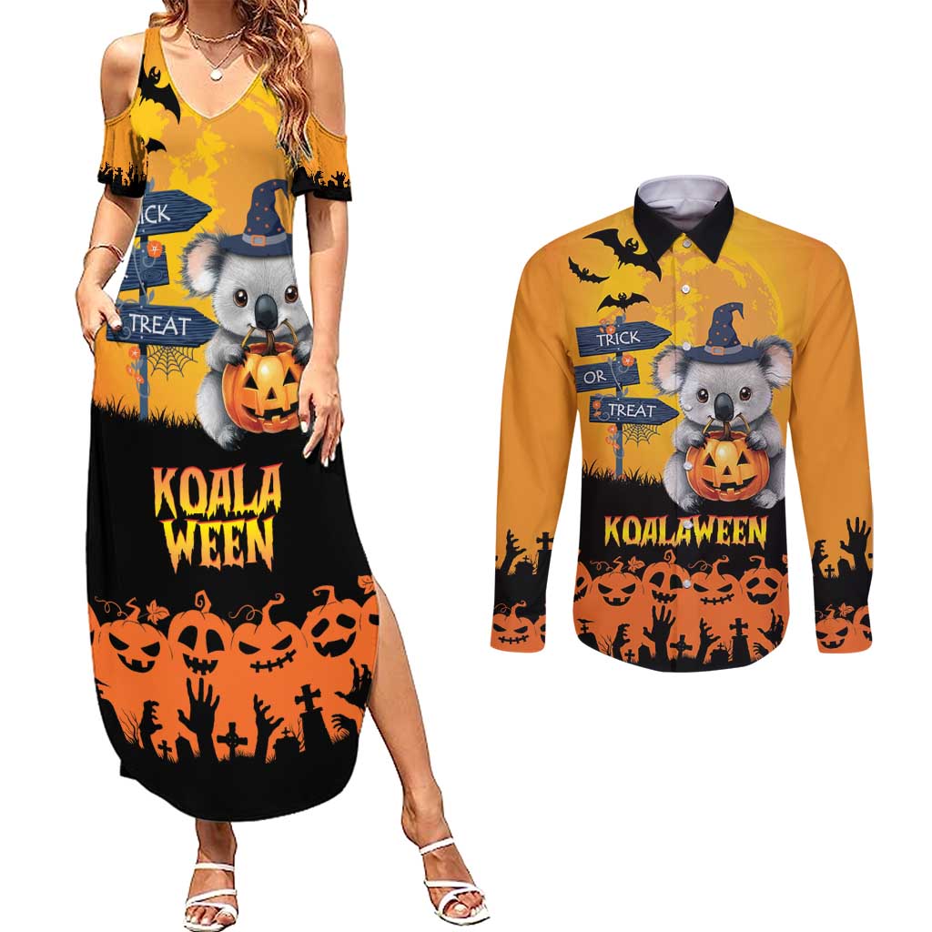 Happy Koalaween Couples Matching Summer Maxi Dress and Long Sleeve Button Shirt Koala Ghost Trick or Treat