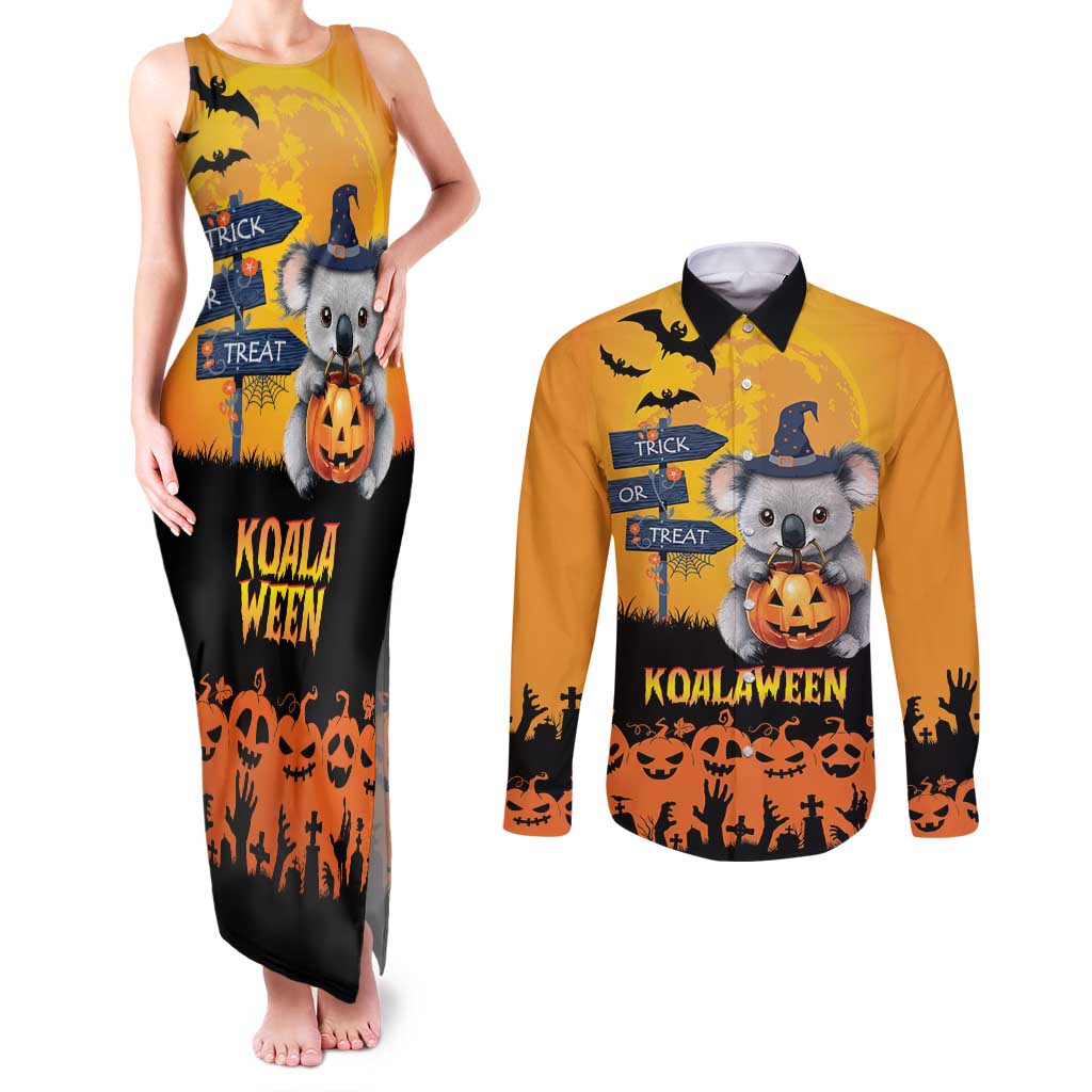 Happy Koalaween Couples Matching Tank Maxi Dress and Long Sleeve Button Shirt Koala Ghost Trick or Treat