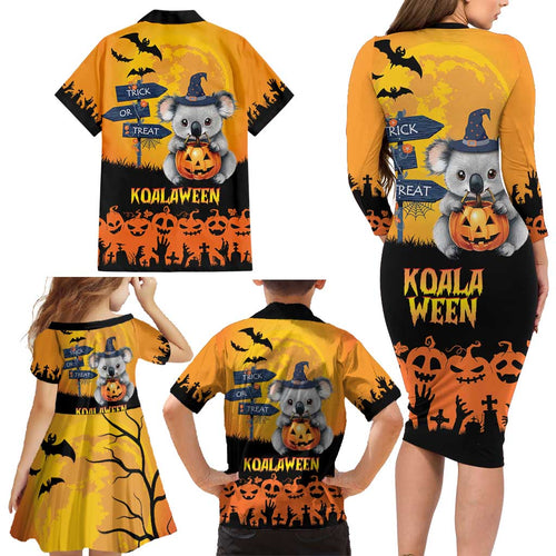 Happy Koalaween Family Matching Long Sleeve Bodycon Dress and Hawaiian Shirt Koala Ghost Trick or Treat