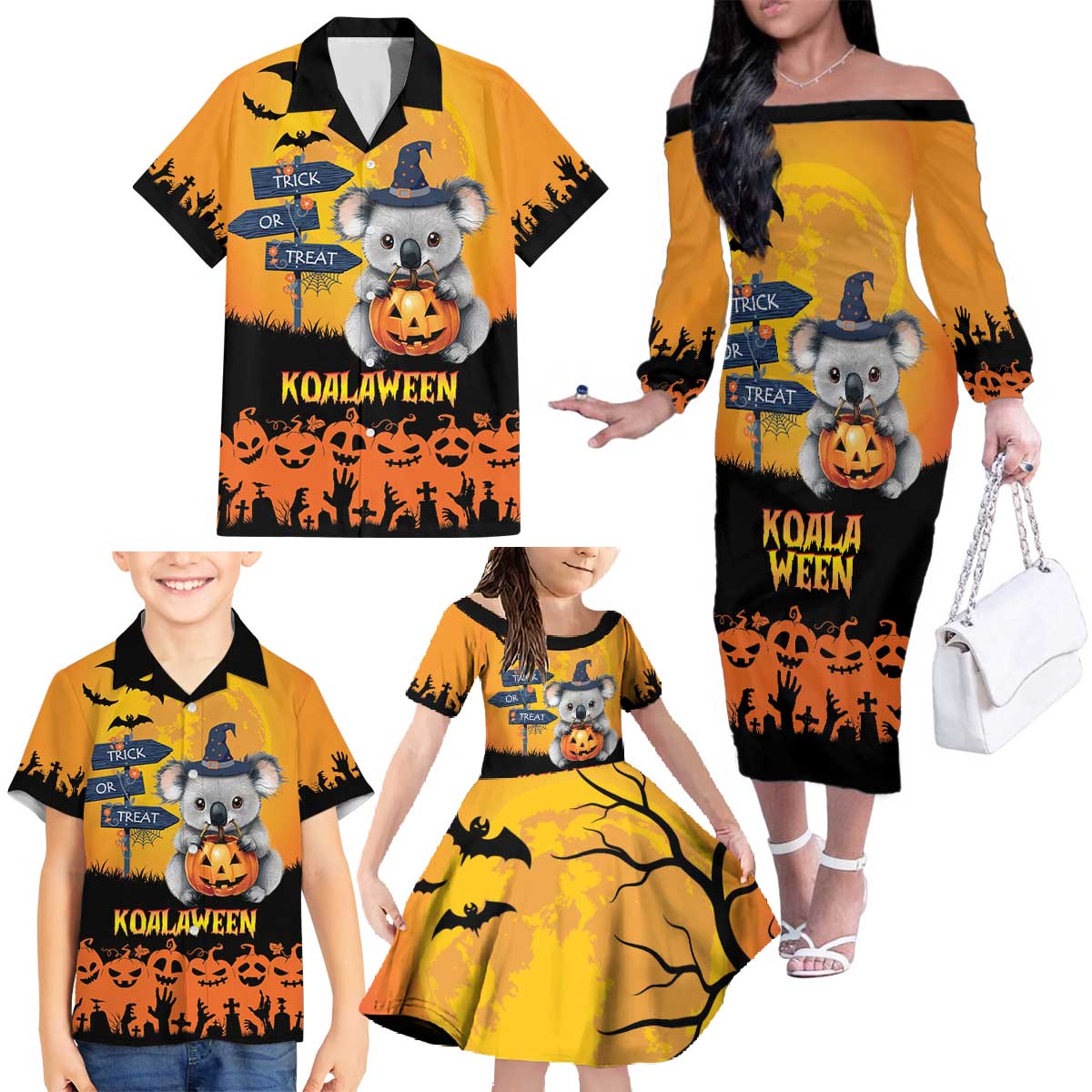 Happy Koalaween Family Matching Off The Shoulder Long Sleeve Dress and Hawaiian Shirt Koala Ghost Trick or Treat