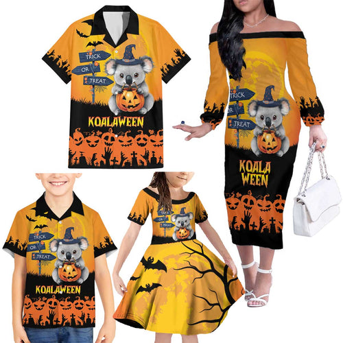 Happy Koalaween Family Matching Off The Shoulder Long Sleeve Dress and Hawaiian Shirt Koala Ghost Trick or Treat