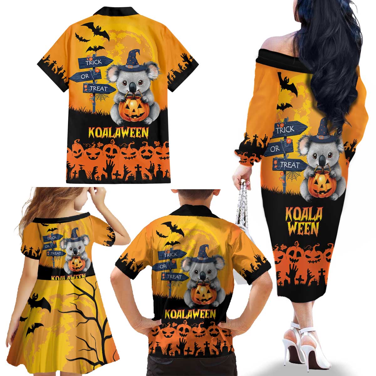 Happy Koalaween Family Matching Off The Shoulder Long Sleeve Dress and Hawaiian Shirt Koala Ghost Trick or Treat