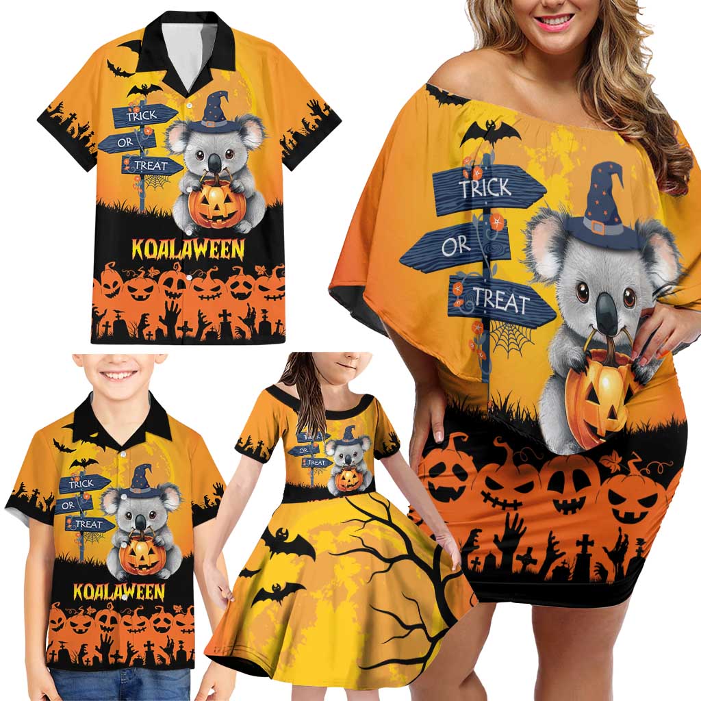 Happy Koalaween Family Matching Off Shoulder Short Dress and Hawaiian Shirt Koala Ghost Trick or Treat
