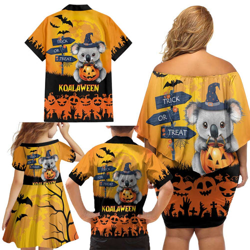 Happy Koalaween Family Matching Off Shoulder Short Dress and Hawaiian Shirt Koala Ghost Trick or Treat