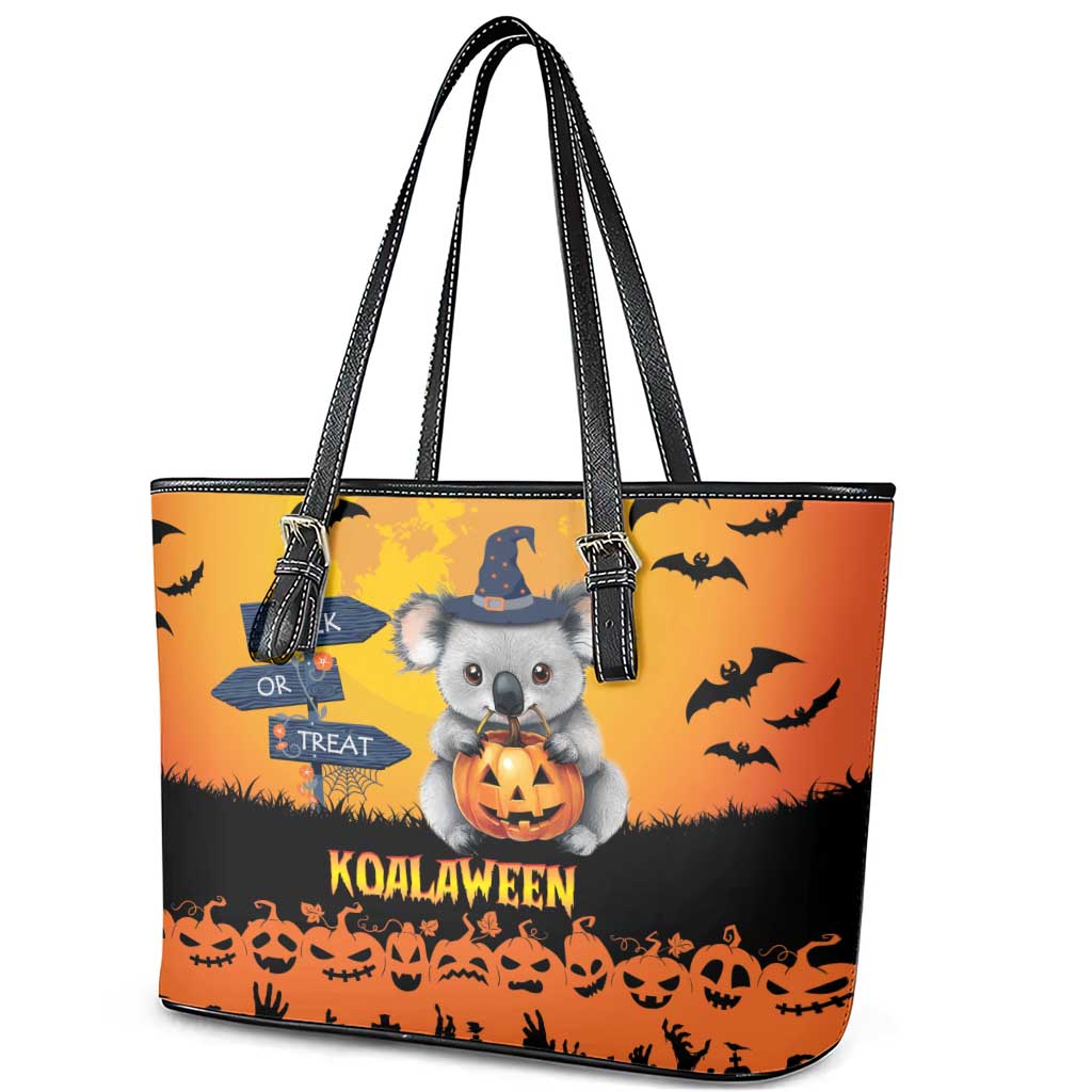 Happy Koalaween Leather Tote Bag Koala Ghost Trick or Treat