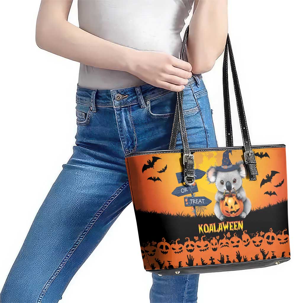 Happy Koalaween Leather Tote Bag Koala Ghost Trick or Treat