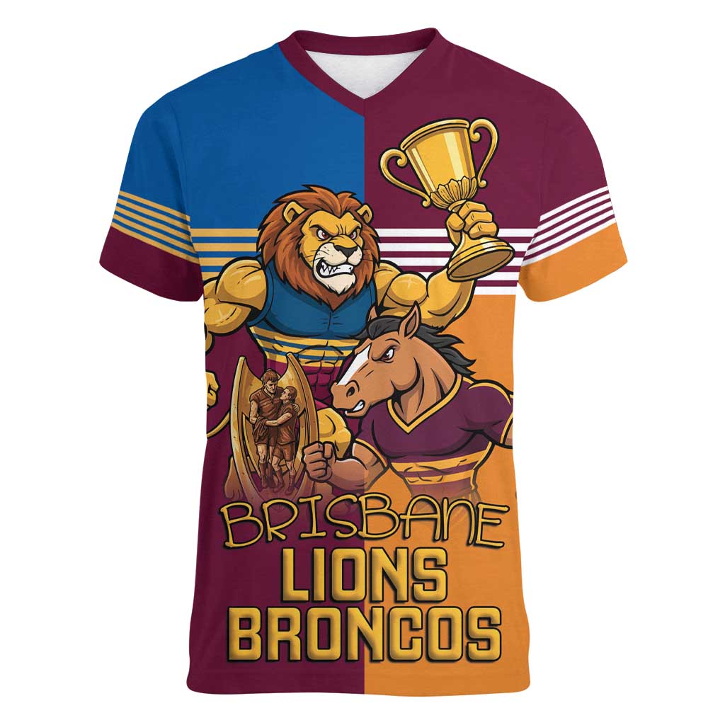 Brisbane Pride Lions and Broncos Women V-Neck T-Shirt - Aussie Hoodie
