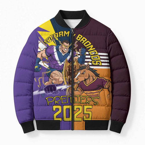 Personalised Rugby Storm vs Broncos Bomber Puffer Jacket Clash for the Crown - Aussie Hoodie