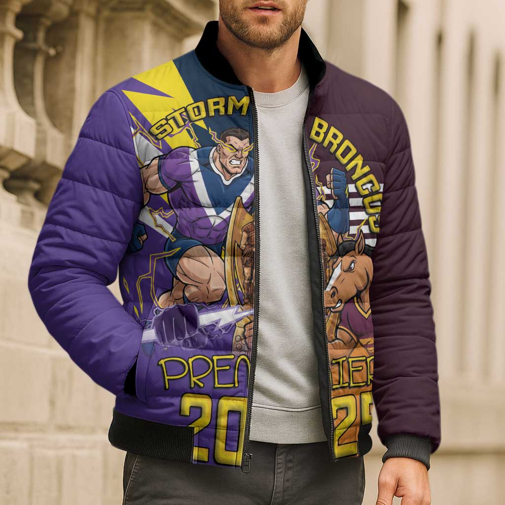 Personalised Rugby Storm vs Broncos Bomber Puffer Jacket Clash for the Crown - Aussie Hoodie
