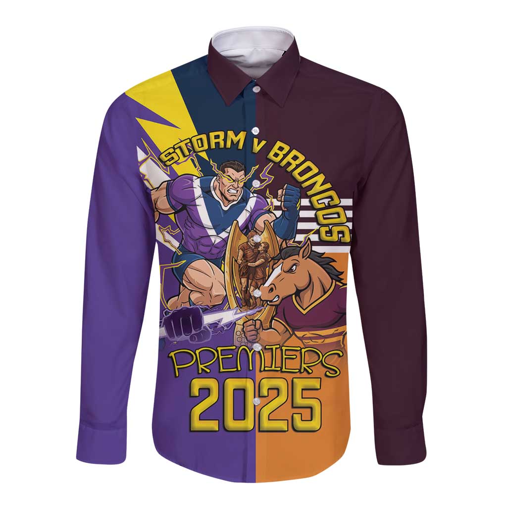 Personalised Rugby Storm vs Broncos Long Sleeve Button Shirt Clash for the Crown - Aussie Hoodie