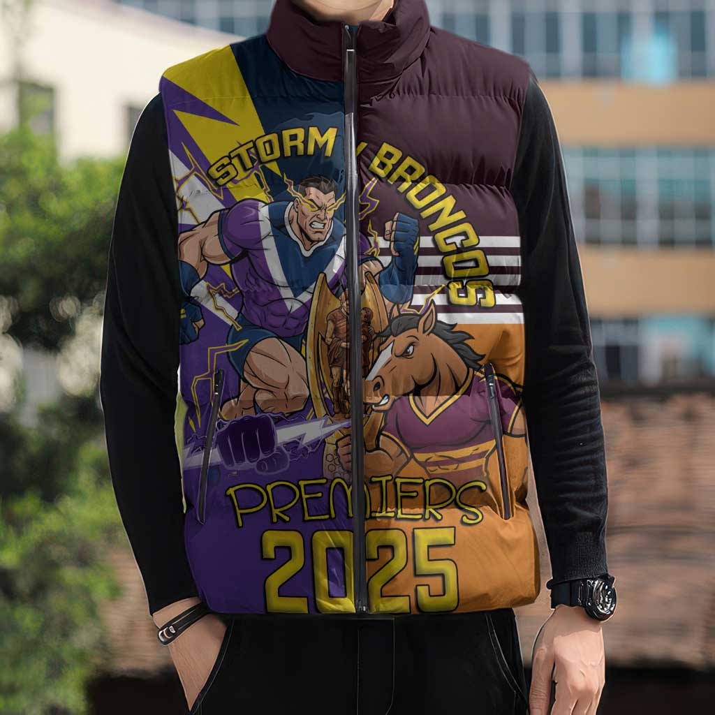 Personalised Rugby Storm vs Broncos Sleeveless Puffer Jacket Clash for the Crown - Aussie Hoodie