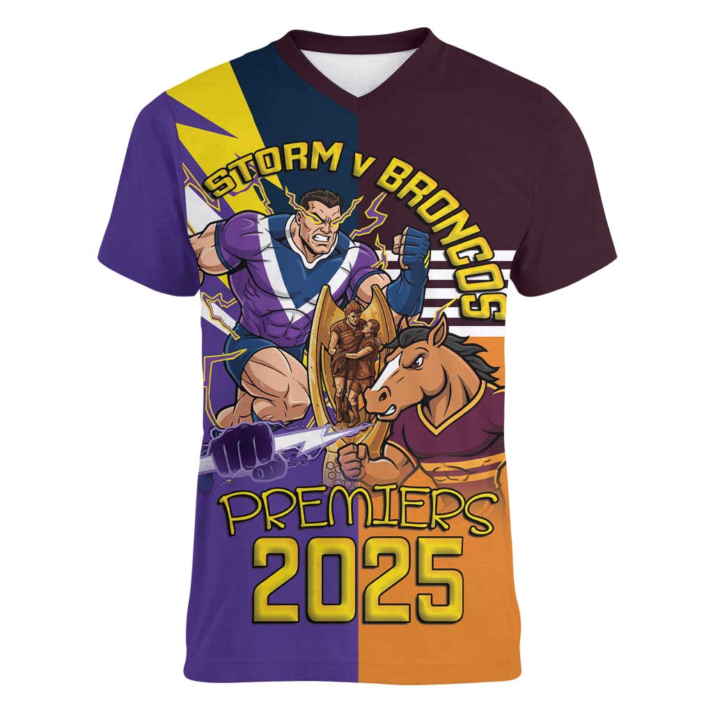 Personalised Rugby Storm vs Broncos Women V-Neck T-Shirt Clash for the Crown - Aussie Hoodie