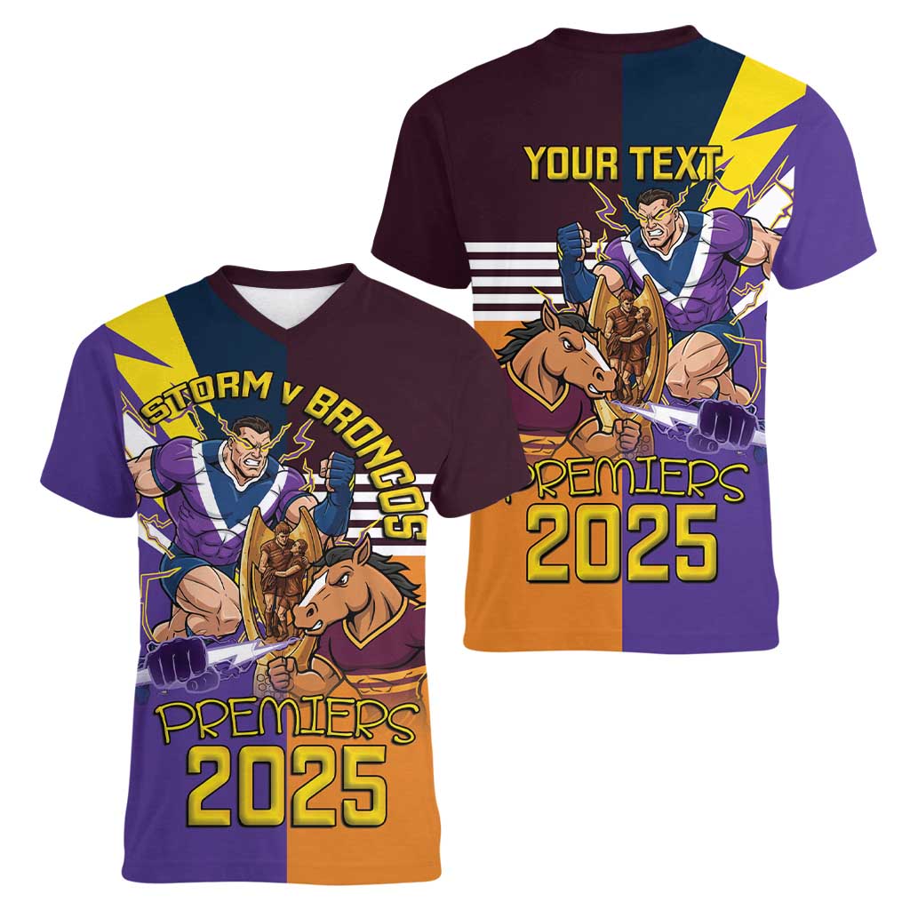 Personalised Rugby Storm vs Broncos Women V-Neck T-Shirt Clash for the Crown - Aussie Hoodie