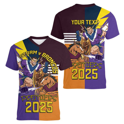 Personalised Rugby Storm vs Broncos Women V-Neck T-Shirt Clash for the Crown - Aussie Hoodie
