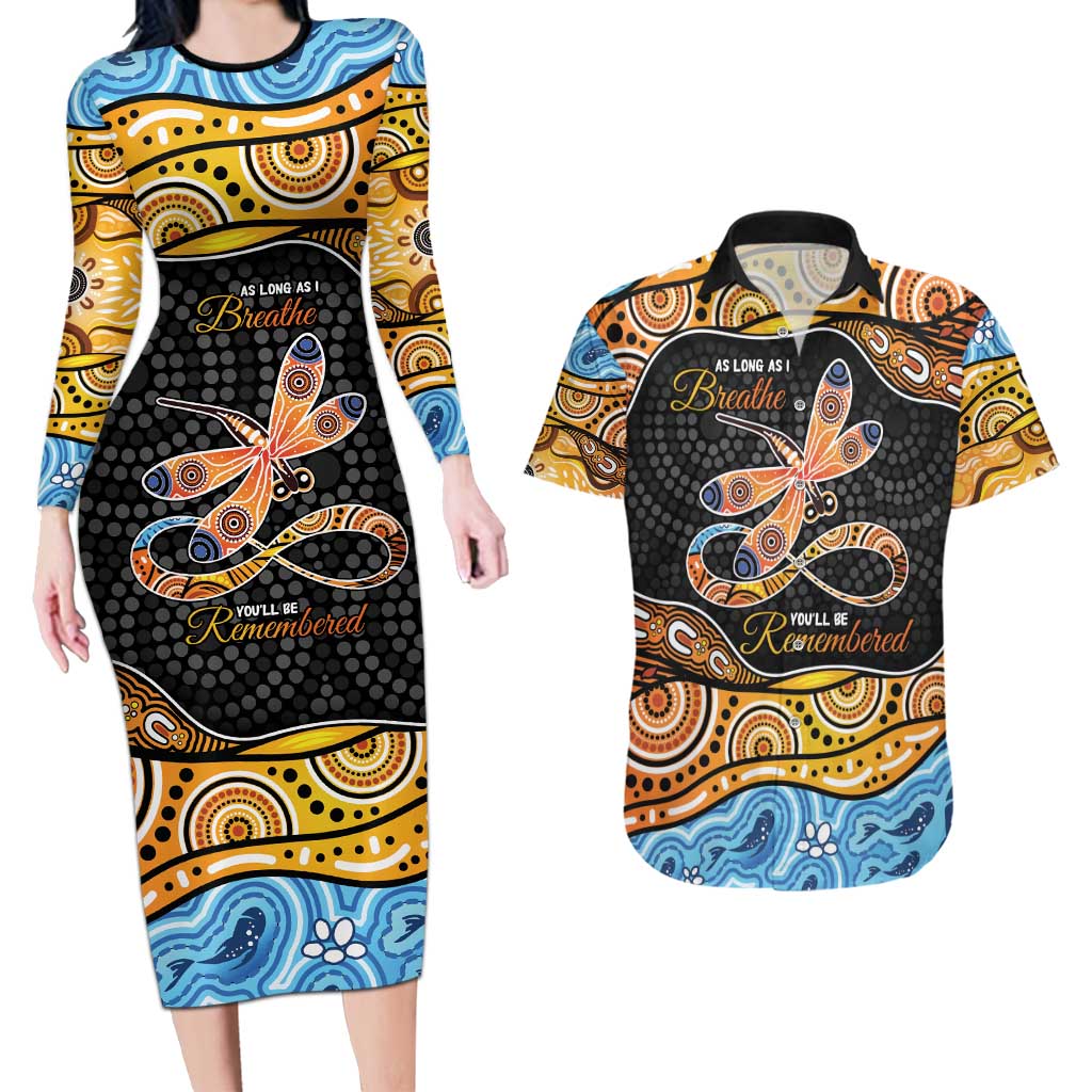 Aboriginal Dragonfly Couples Matching Long Sleeve Bodycon Dress and Hawaiian Shirt As Long As I Breathe You'll Be Remembered
