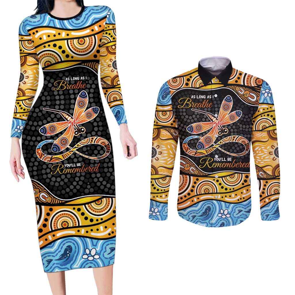 Aboriginal Dragonfly Couples Matching Long Sleeve Bodycon Dress and Long Sleeve Button Shirt As Long As I Breathe You'll Be Remembered