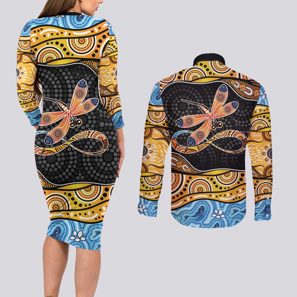 Aboriginal Dragonfly Couples Matching Long Sleeve Bodycon Dress and Long Sleeve Button Shirt As Long As I Breathe You'll Be Remembered