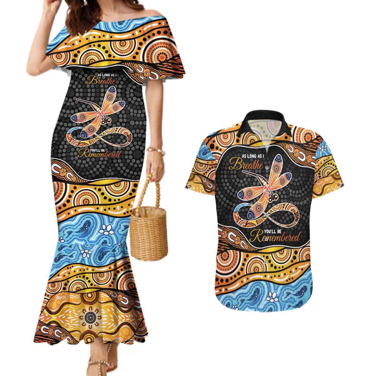 Aboriginal Dragonfly Couples Matching Mermaid Dress and Hawaiian Shirt As Long As I Breathe You'll Be Remembered