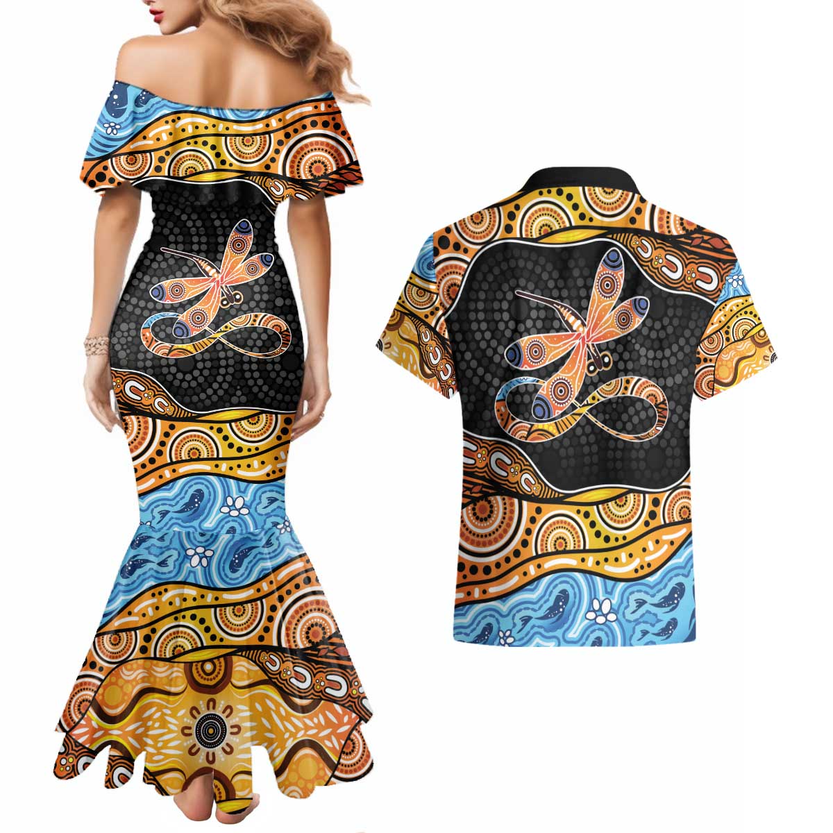 Aboriginal Dragonfly Couples Matching Mermaid Dress and Hawaiian Shirt As Long As I Breathe You'll Be Remembered