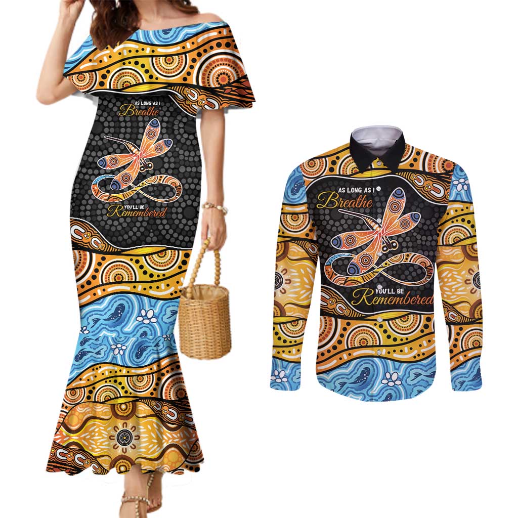 Aboriginal Dragonfly Couples Matching Mermaid Dress and Long Sleeve Button Shirt As Long As I Breathe You'll Be Remembered