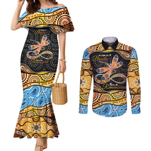 Aboriginal Dragonfly Couples Matching Mermaid Dress and Long Sleeve Button Shirt As Long As I Breathe You'll Be Remembered