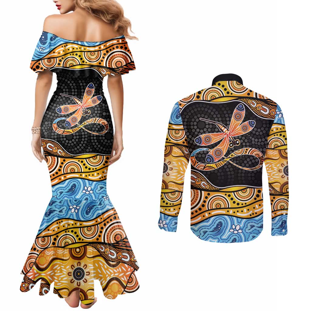 Aboriginal Dragonfly Couples Matching Mermaid Dress and Long Sleeve Button Shirt As Long As I Breathe You'll Be Remembered