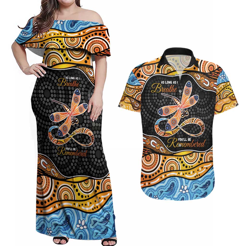 Aboriginal Dragonfly Couples Matching Off Shoulder Maxi Dress and Hawaiian Shirt As Long As I Breathe You'll Be Remembered
