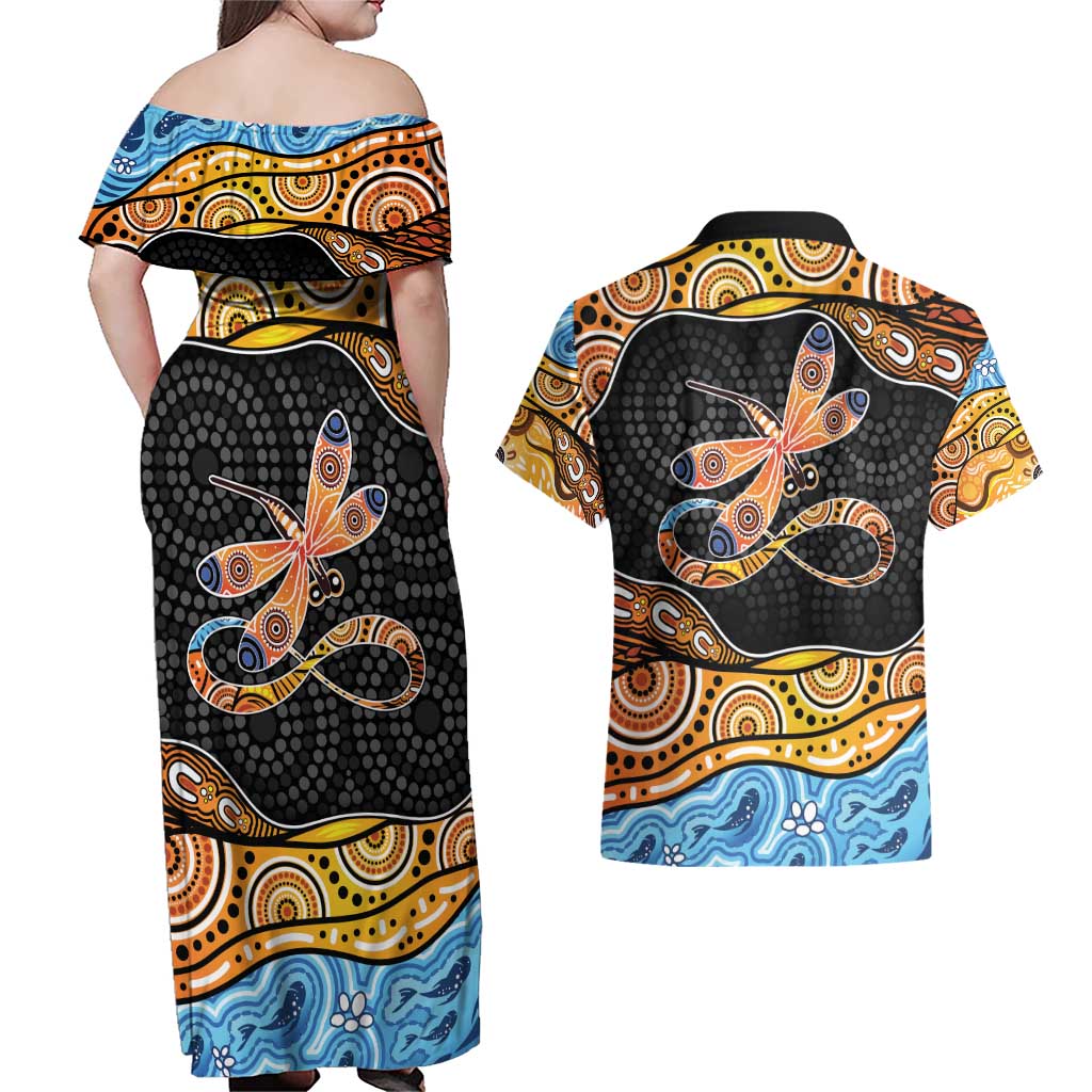 Aboriginal Dragonfly Couples Matching Off Shoulder Maxi Dress and Hawaiian Shirt As Long As I Breathe You'll Be Remembered