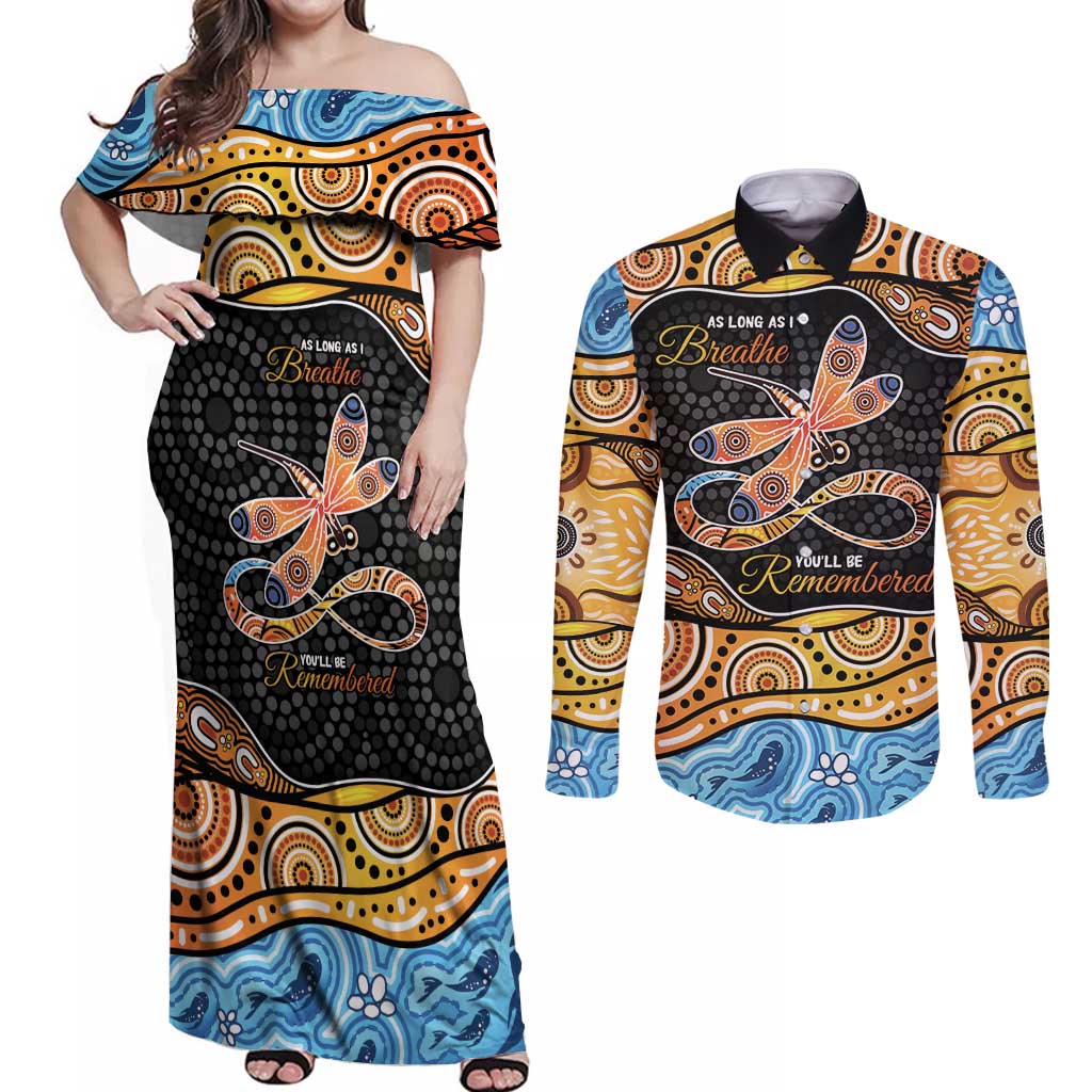 Aboriginal Dragonfly Couples Matching Off Shoulder Maxi Dress and Long Sleeve Button Shirt As Long As I Breathe You'll Be Remembered