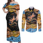 Aboriginal Dragonfly Couples Matching Off Shoulder Maxi Dress and Long Sleeve Button Shirt As Long As I Breathe You'll Be Remembered