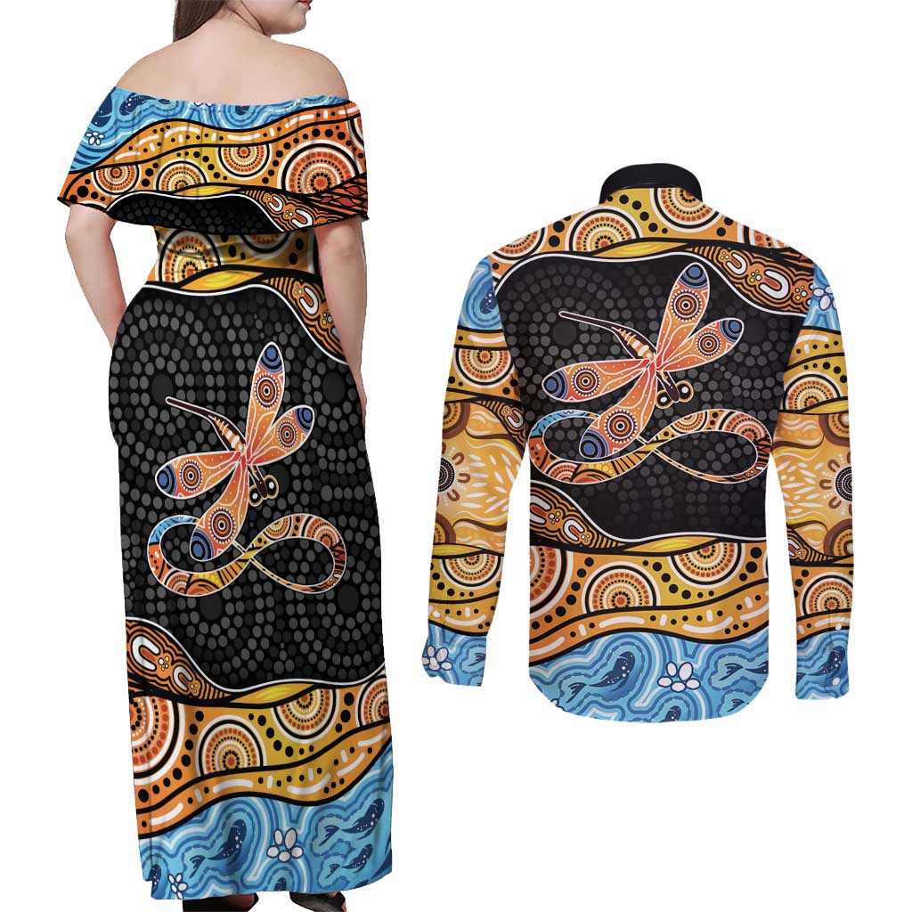 Aboriginal Dragonfly Couples Matching Off Shoulder Maxi Dress and Long Sleeve Button Shirt As Long As I Breathe You'll Be Remembered