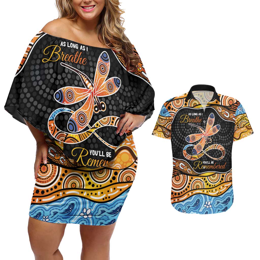 Aboriginal Dragonfly Couples Matching Off Shoulder Short Dress and Hawaiian Shirt As Long As I Breathe You'll Be Remembered