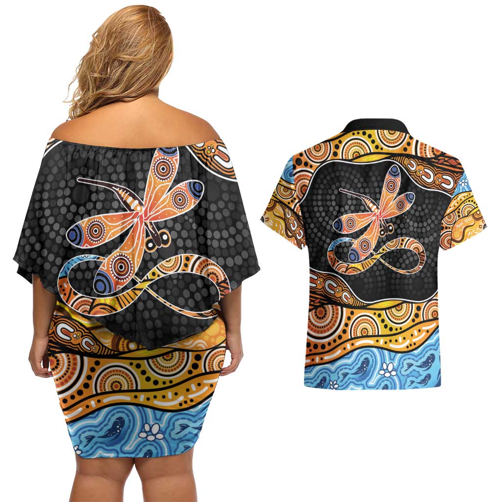 Aboriginal Dragonfly Couples Matching Off Shoulder Short Dress and Hawaiian Shirt As Long As I Breathe You'll Be Remembered