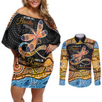 Aboriginal Dragonfly Couples Matching Off Shoulder Short Dress and Long Sleeve Button Shirt As Long As I Breathe You'll Be Remembered