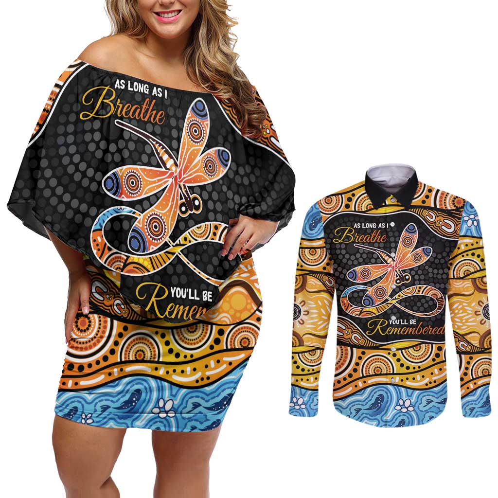 Aboriginal Dragonfly Couples Matching Off Shoulder Short Dress and Long Sleeve Button Shirt As Long As I Breathe You'll Be Remembered