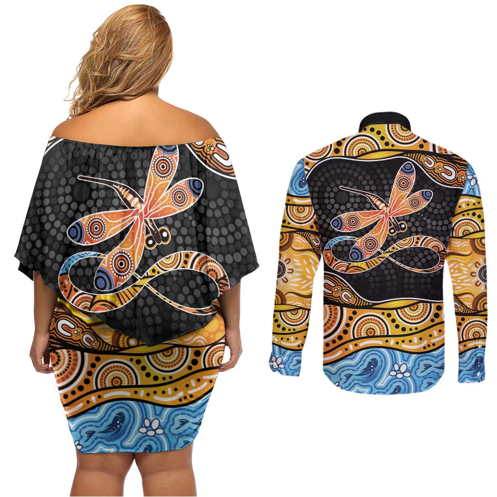 Aboriginal Dragonfly Couples Matching Off Shoulder Short Dress and Long Sleeve Button Shirt As Long As I Breathe You'll Be Remembered