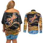 Aboriginal Dragonfly Couples Matching Off Shoulder Short Dress and Long Sleeve Button Shirt As Long As I Breathe You'll Be Remembered