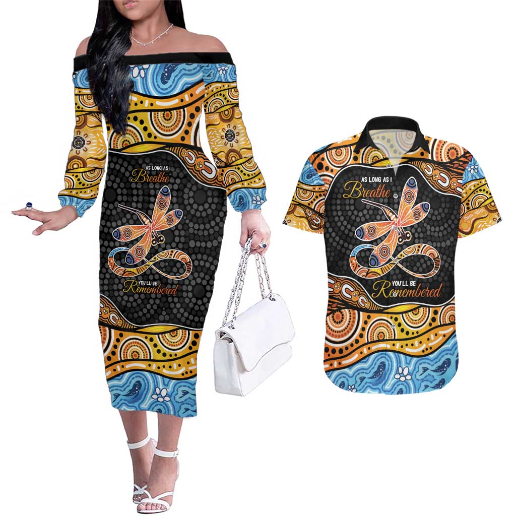Aboriginal Dragonfly Couples Matching Off The Shoulder Long Sleeve Dress and Hawaiian Shirt As Long As I Breathe You'll Be Remembered